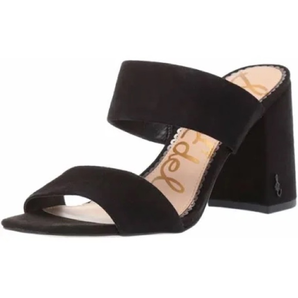 SAM EDELMAN Suede Black Two Strap Sandal Mule Slip-On Block Heeled Shoes Sz 9